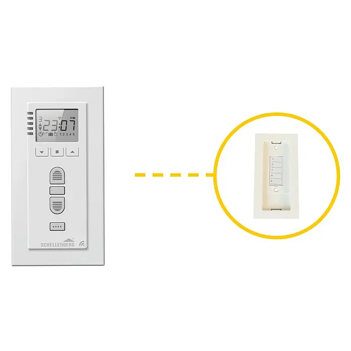 Schellenberg Funk-Zeitschaltuhr Premium - Unterstützte Systeme: Abus Smart Friends System, Geeignet für: 25 Funk-Motoren - Schellenberg Smart Home Steuerung und ein Funk-Wandsender in einer gelben Umrandung für die Hausautomation.