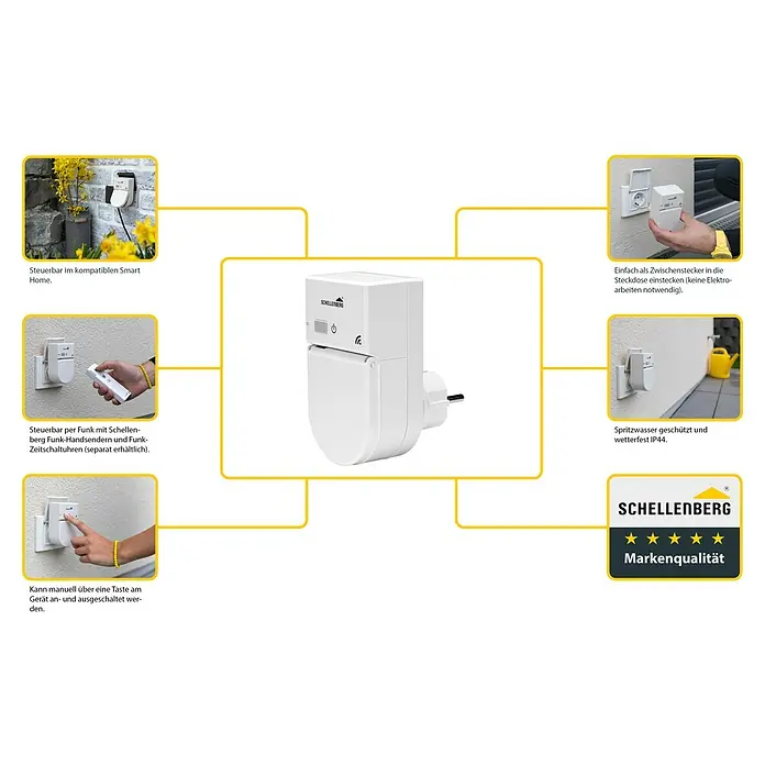 Schellenberg Smart Home Funksteckdose - Außen, Weiß - Das Bild zeigt eine Schellenberg Funksteckdose für den Außenbereich, die spritzwassergeschützt und wetterfest ist. Sie ist per Funk oder manuell steuerbar.