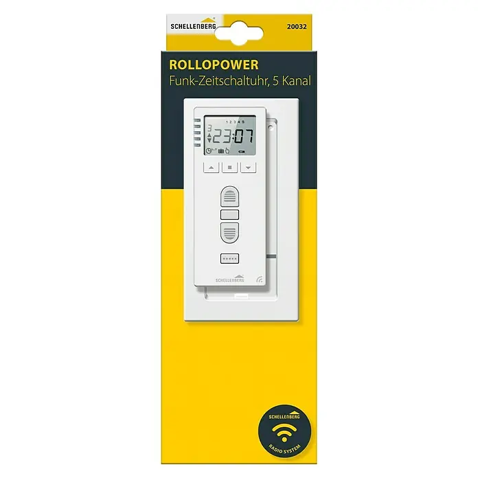 Schellenberg Funk-Zeitschaltuhr Premium - Unterstützte Systeme: Abus Smart Friends System, Geeignet für: 25 Funk-Motoren - Abbildung einer Schellenberg RolloPower Funk-Zeitschaltuhr, ein 5-Kanal-Gerät zur Steuerung von Rollläden.