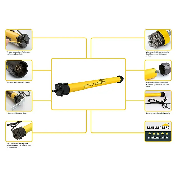 Schellenberg Rohrmotor Maxi Standard 10 - Max. Rollladenfläche: 4,2 m² bei Kunststoffrollläden, Einbaulänge: 500 mm, Zugkraft: 20 kg - Produktbild eines Schellenberg Rolladenmotors mit Beschreibungen seiner Einzelteile für Werbezwecke.