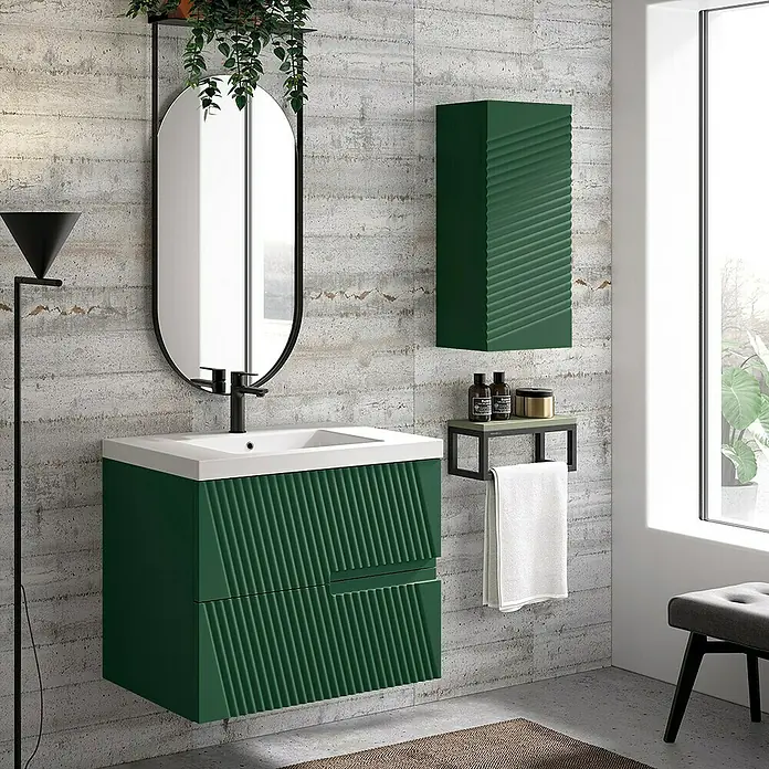 Duplach Mueble bajo de lavabo Saser - L x An x Al: 45 x 60 x 60 cm, Oliva - Interior de baño moderno con mueble de lavabo verde, espejo y armario suspendido.
