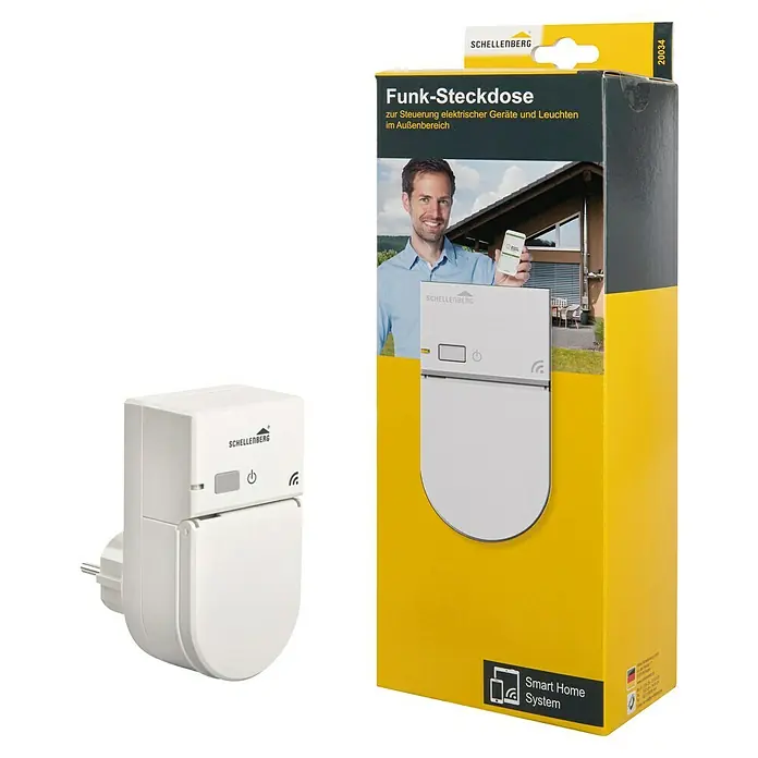 Schellenberg Smart Home Funksteckdose - Außen, Weiß - Abbildung einer Schellenberg Funk-Steckdose zur Steuerung elektrischer Geräte und Leuchten im Außenbereich, präsentiert mit ihrer Verpackung.