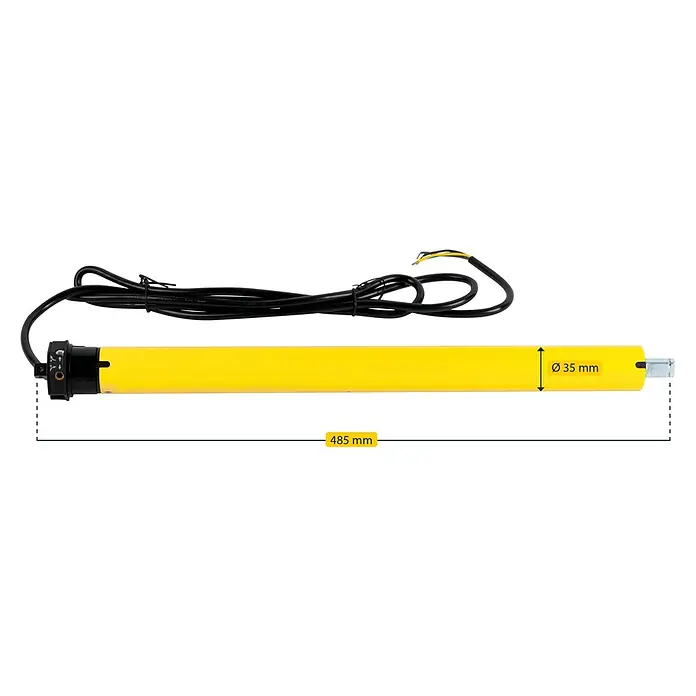 Schellenberg Rohrmotor Mini Standard - Max. Rollladenfläche: 6 m² bei Kunststoffrollläden, Einbaulänge: 500 mm, Zugkraft: 25 kg - Gelber Rollladenmotor mit Kabel, Länge 485 mm und Durchmesser 35 mm. Das Produkt ist für Rollläden konzipiert.