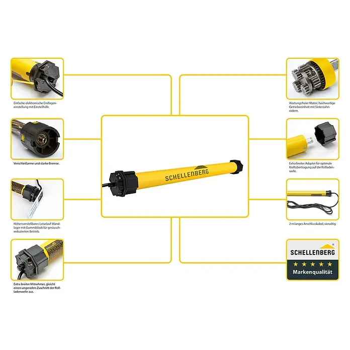 Schellenberg Rohrmotor Maxi Standard - Max. Rollladenfläche: 8,5 m² bei Kunststoffrollläden, Einbaulänge: 500 mm, Zugkraft: 34 kg - Schellenberg Rohrmotor mit Zubehördetails, der eine einfache Endlageneinstellung und optimale Kraftübertragung bietet.