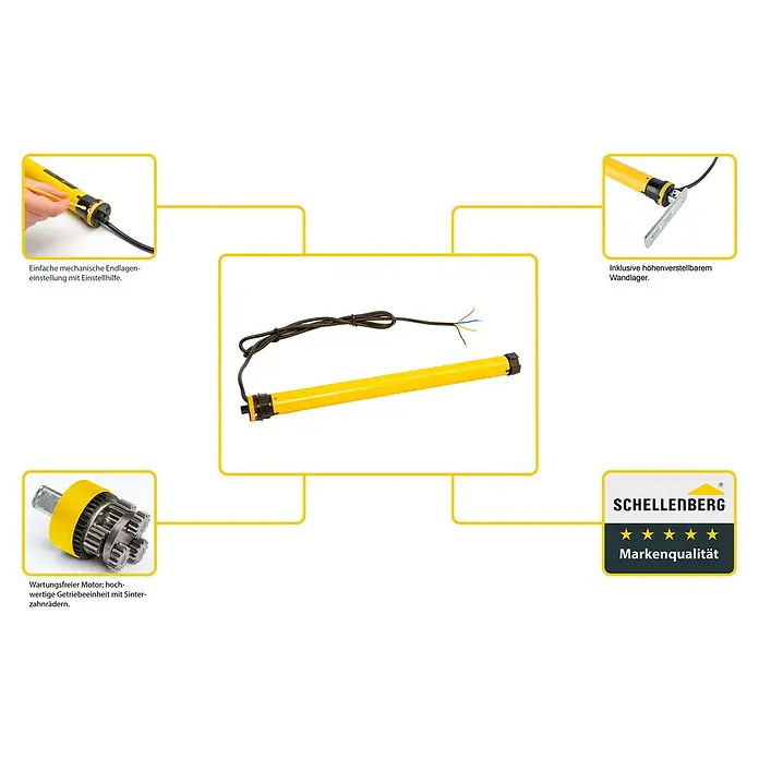 Schellenberg Rohrmotor Rollopower Action Mini 3 - Max. Rollladenfläche: 2 m² bei Kunststoffrollläden, Einbaulänge: 500 mm, Zugkraft: 8 kg - Das Bild zeigt einen gelben Rollladenmotor mit Zubehör, umgeben von Produktinformationen und dem Schellenberg-Logo.