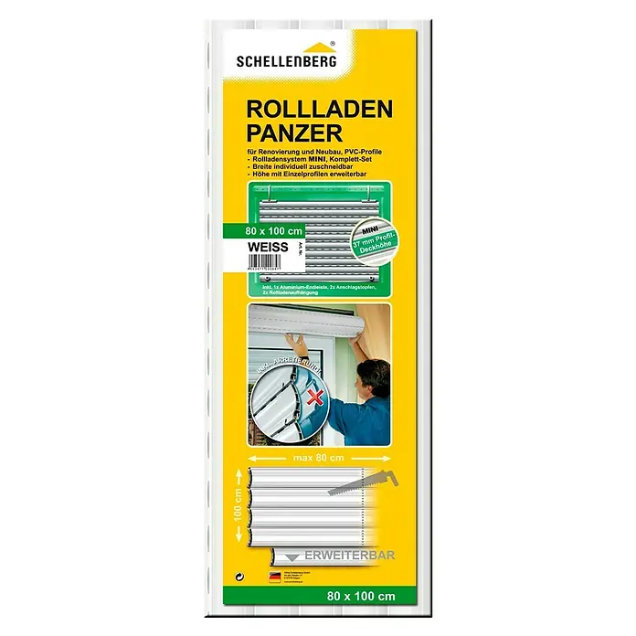 Schellenberg Rollladenpanzer MINI - 80 x 100 cm, Weiß - Bild des Schellenberg Rollladenpanzers, 80x100 cm, weiß, für Renovierung und Neubau. Der Rollladen ist individuell zuschneidbar und erweiterbar.