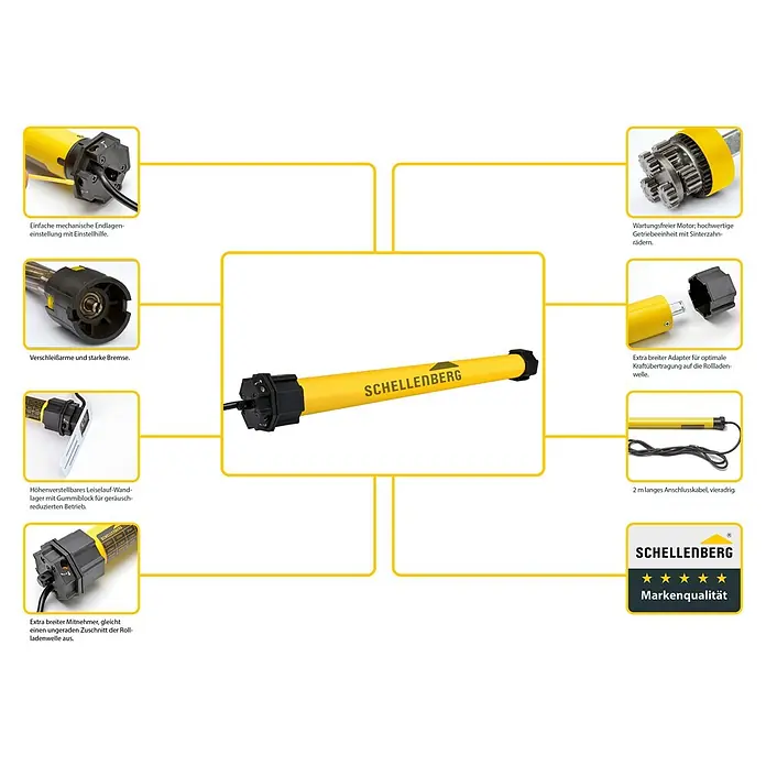 Schellenberg Rohrmotor Maxi Standard 15 - Max. Rollladenfläche: 6,2 m² bei Kunststoffrollläden, Einbaulänge: 500 mm, Zugkraft: 25 kg - Schellenberg Rolladenmotor mit Zubehör, inklusive mechanischer Endlageneinstellung und Adapter für optimale Kraftübertragung.