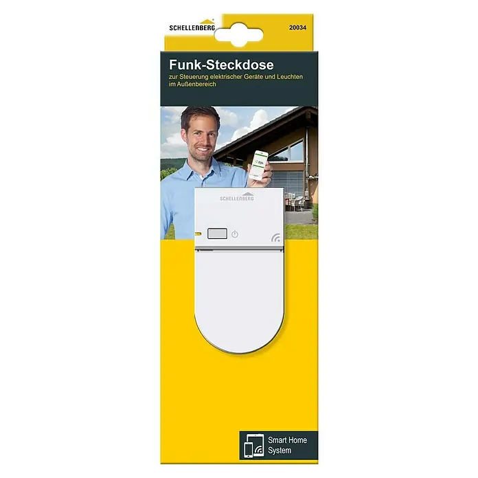 Schellenberg Smart Home Funksteckdose - Außen, Weiß - Produktverpackung für die Schellenberg Funk-Steckdose zur Steuerung von Geräten und Leuchten im Außenbereich mit Smart Home System Funktion.