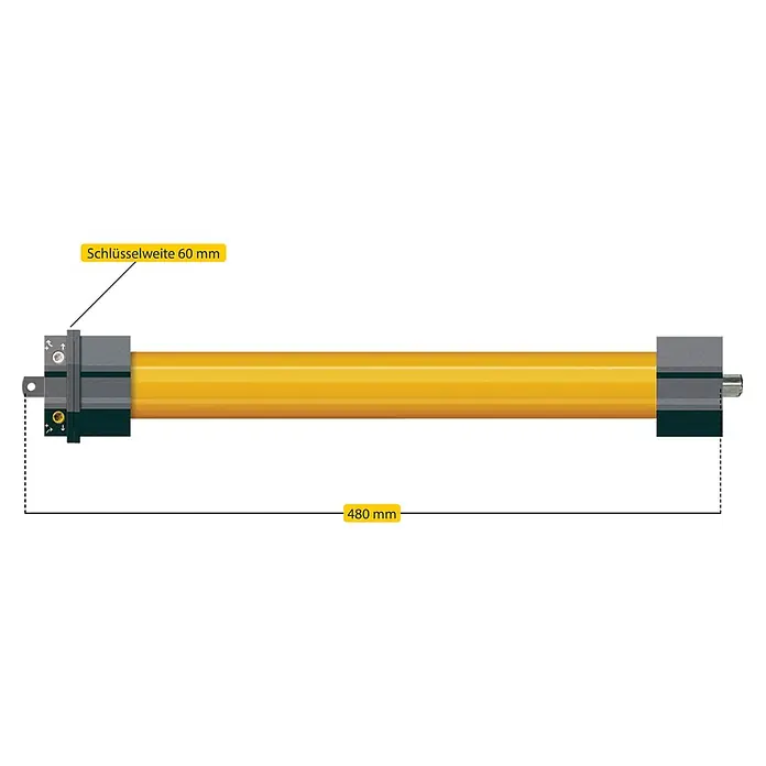 Schellenberg Rohrmotor Maxi Standard 10 - Max. Rollladenfläche: 4,2 m² bei Kunststoffrollläden, Einbaulänge: 500 mm, Zugkraft: 20 kg - Produktabbildung: Ein gelber Rohrmotor mit den Maßen Schlüsselweite 60 mm und 480 mm Gesamtlänge.