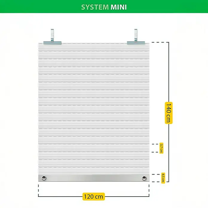 Schellenberg Rollladenpanzer MINI - 100 x 120 cm, Weiß - Abbildung eines weißen Mini-Rollos mit Größenangaben von 120 cm Breite und 140 cm Höhe. Ideal für Fenster.