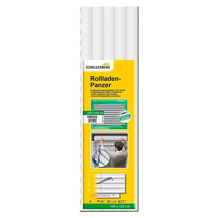Schellenberg Rollladenpanzer MINI - 100 x 120 cm, Weiß - Produktverpackung des Schellenberg Rollladenpanzers in Weiß, 100 x 120 cm, ideal für Renovierung und Neubau.
