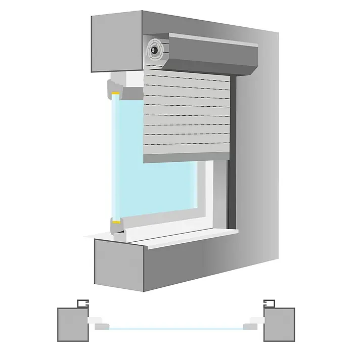 Schellenberg Rollladen-Komplett-Set MINI - Vorbau, 80 x 100 cm - Illustration einer Fensters mit Rollladen, teilweise heruntergelassen, mit einer Ansicht der Fensterkonstruktion unten.
