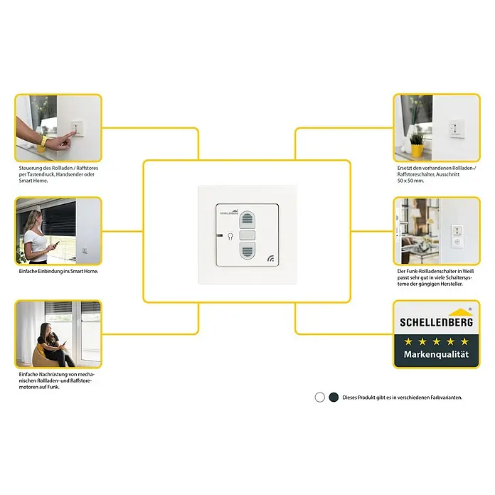 Schellenberg Smart Home Funk-Empfangsschalter - 80 x 80 x 40 mm, Weiß, Unterputzmontage - Produktbild eines Schellenberg Funk-Rollladenschalters zur Steuerung von Rollläden/Raffstores per Tastendruck, Handsender oder Smart Home.