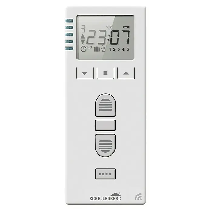 Schellenberg Funk-Zeitschaltuhr Premium - Unterstützte Systeme: Abus Smart Friends System, Geeignet für: 25 Funk-Motoren - Das Bild zeigt eine Schellenberg Zeitschaltuhr für Rollläden, mit einem digitalen Display und mehreren Steuerungstasten.