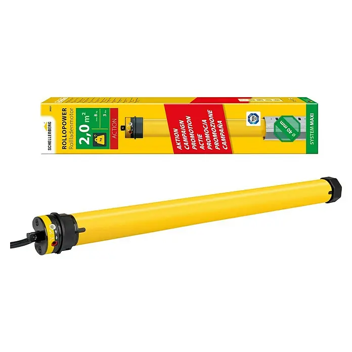 Schellenberg Rohrmotor Rollopower Action Mini 3 - Max. Rollladenfläche: 2 m² bei Kunststoffrollläden, Einbaulänge: 500 mm, Zugkraft: 8 kg - Das Bild zeigt eine Schellenberg RolloPower Rollladenmotor in gelber Farbe, sowohl in der Verpackung als auch separat, mit technischen Details.