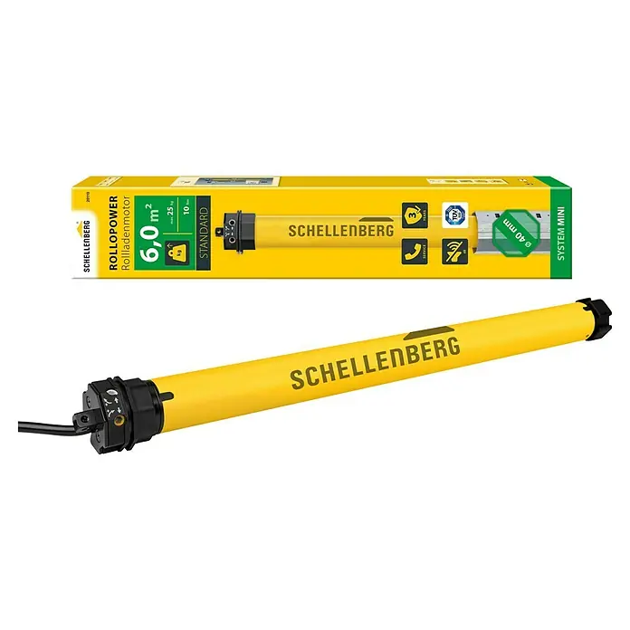 Schellenberg Rohrmotor Mini Standard - Max. Rollladenfläche: 6 m² bei Kunststoffrollläden, Einbaulänge: 500 mm, Zugkraft: 25 kg - Abbildung des Schellenberg RolloPower Rollladenmotors mit zugehöriger Verpackung, gelb und mit technischen Daten.