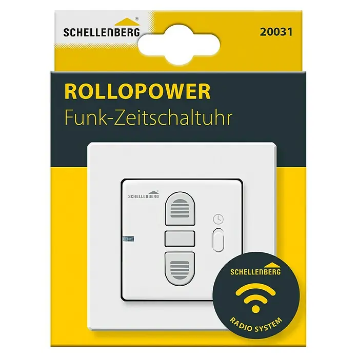 Schellenberg Funk-Zeitschaltuhr - Geeignet für: 5 Funkmotoren, Aufputz - Abbildung einer Schellenberg RolloPower Funk-Zeitschaltuhr zur Steuerung von Rollläden per Funk, mit einfacher Programmierung für Komfort.