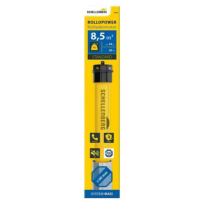 Schellenberg Rohrmotor Maxi Standard - Max. Rollladenfläche: 8,5 m² bei Kunststoffrollläden, Einbaulänge: 500 mm, Zugkraft: 34 kg - Abbildung eines Schellenberg RolloPower Rollladenmotors mit den Produktspezifikationen und Qualitätsmerkmalen auf gelbem Hintergrund.