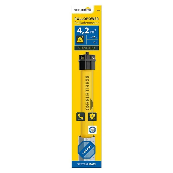 Schellenberg Rohrmotor Maxi Standard 10 - Max. Rollladenfläche: 4,2 m² bei Kunststoffrollläden, Einbaulänge: 500 mm, Zugkraft: 20 kg - Abbildung eines Schellenberg Rollladenmotors Rollopower Standard, geeignet für max. 4,2 m² Fläche und 20 kg Gewicht, mit 60mm Durchmesser.