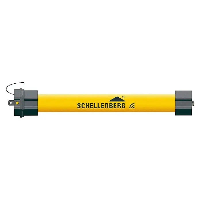 Schellenberg Funk-Rohrmotor Premium 20 Maxi - Max. Rollladenfläche: 8,5 m² bei Kunststoffrollläden, Einbaulänge: 555 mm, Zugkraft: 34 kg - Das Bild zeigt einen Rollladenmotor von Schellenberg mit gelbem Gehäuse. Dieser Antrieb sorgt für automatische Steuerung von Rollläden.