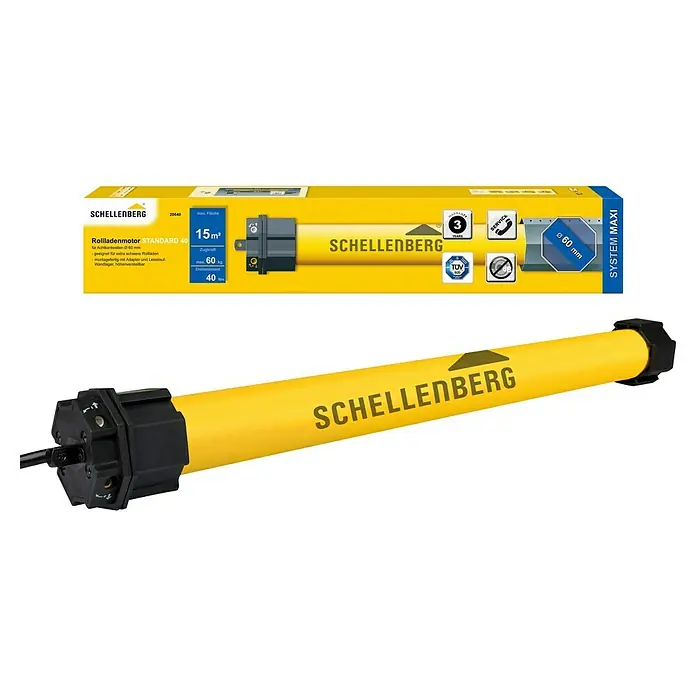 Schellenberg Rohrmotor Maxi Standard - Max. Rollladenfläche: 15 m² bei Kunststoffrollläden, Einbaulänge: 570 mm, Zugkraft: 60 kg - Produktabbildung eines Schellenberg Rollladenmotors Standard 40, ideal für Rollläden bis 15m², mit einer Zugkraft von 60kg und 40Nm Drehmoment.
