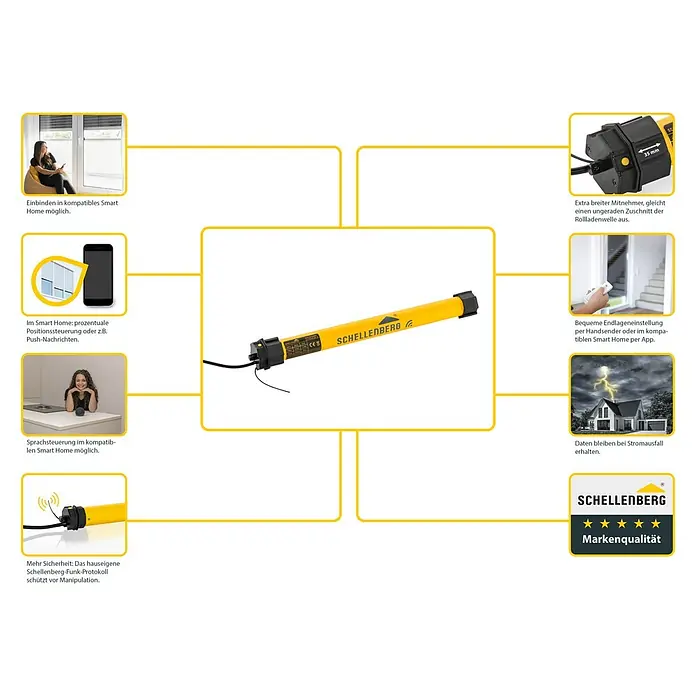 Schellenberg Funk-Rohrmotor Premium 10 Maxi - Max. Rollladenfläche: 4,2 m² bei Kunststoffrollläden, Einbaulänge: 555 mm, Zugkraft: 20 kg - Intelligenter Schellenberg Rollladenmotor mit Smart Home Integration für komfortable Steuerung und erhöhte Sicherheit.
