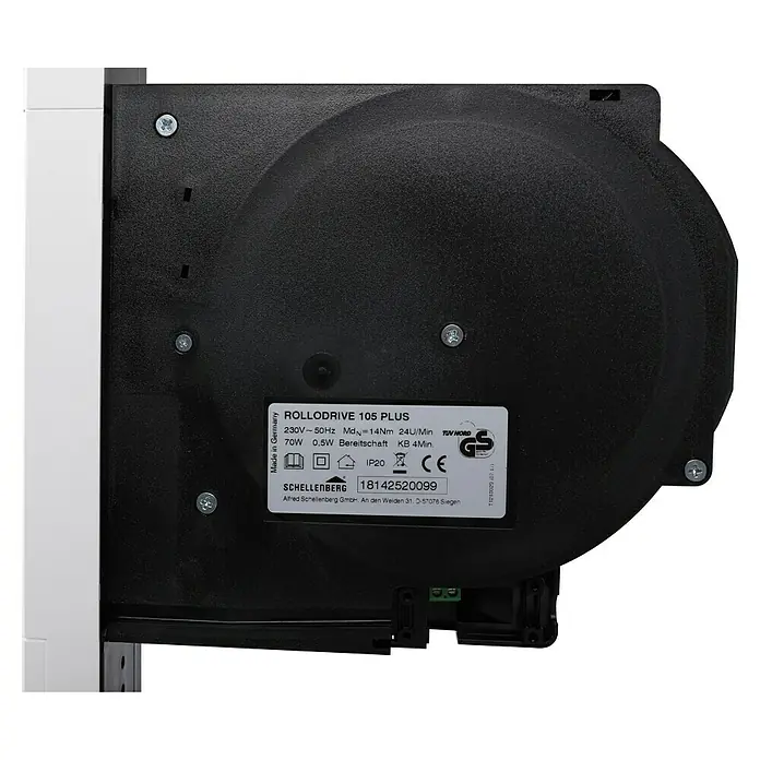 Schellenberg Rollladen-Gurtwickler Rollo Drive 65 Plus - Zugkraft: 45 kg, Gurtbreite: 23 mm, Unterputz - Nahaufnahme eines Rollodrive 105 Plus Rollladenantriebs, hergestellt in Deutschland, mit technischen Details und Zertifizierungen.