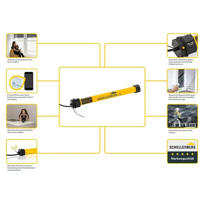 Schellenberg Funk-Rohrmotor Premium 20 Maxi - Max. Rollladenfläche: 8,5 m² bei Kunststoffrollläden, Einbaulänge: 555 mm, Zugkraft: 34 kg - Schellenberg Rohrmotor für Rollläden mit Smart Home Integration und breitem Mitnehmer für ungerade Rollladenwellen.