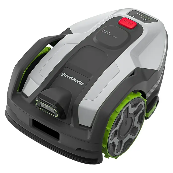 Greenworks Mähroboter AI Mowbot 10 GW KI RTK+VISION - 1.000 m², Schnittbreite: 20 cm, Satellitengestützte Navigation, RTK - Greenworks Rasenmäher-Roboter mit einem schlanken Design in Grau und Schwarz, ideal für eine mühelose Rasenpflege.