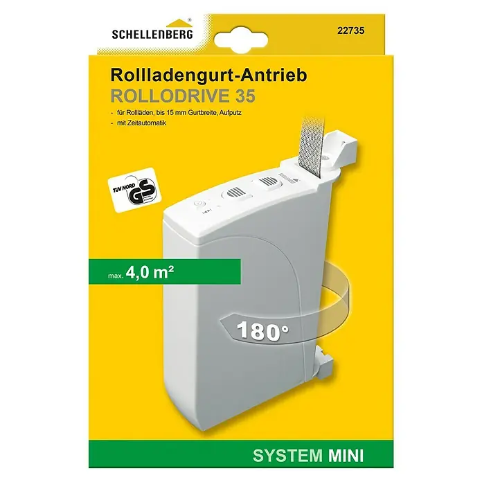 Schellenberg Rollladen-Gurtwickler Rollo Drive 35 - B x H: 38,5 x 199 mm, Gurtbreite: 14 mm, Zugkraft: 12 kg - Bild einer Schellenberg RolloDrive 35 Rollladenantriebsverpackung, die das Produkt und seine Hauptmerkmale hervorhebt.