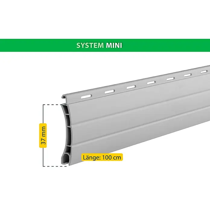 Schellenberg Rollladenprofil Mini - L x H: 100 x 3,7 cm, Geeignet für: Rollladen-Mini-Systeme, Grau - Nahaufnahme eines Rollladenprofils des Systems Mini in Grau, das eine Länge von 100 cm und eine Höhe von 37 mm aufweist.