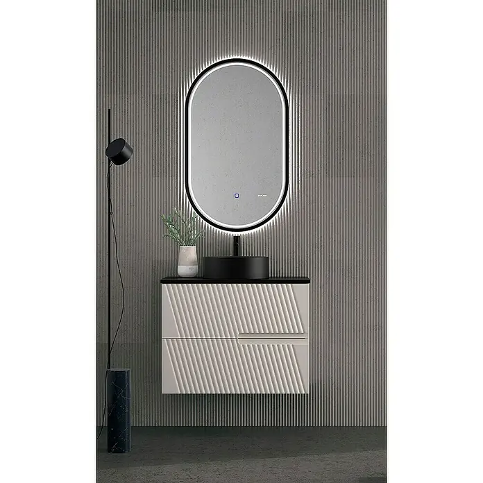 Duplach Mueble bajo de lavabo Saser - L x An x Al: 45 x 60 x 60 cm, Beige - Elegante configuración de baño con un espejo retroiluminado sobre un elegante tocador de dos cajones.