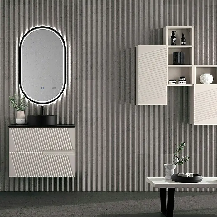 Duplach Mueble bajo de lavabo Saser - L x An x Al: 45 x 60 x 60 cm, Beige - Un tocador de baño con espejo ovalado, lavabo negro y armarios a juego sobre una pared gris.