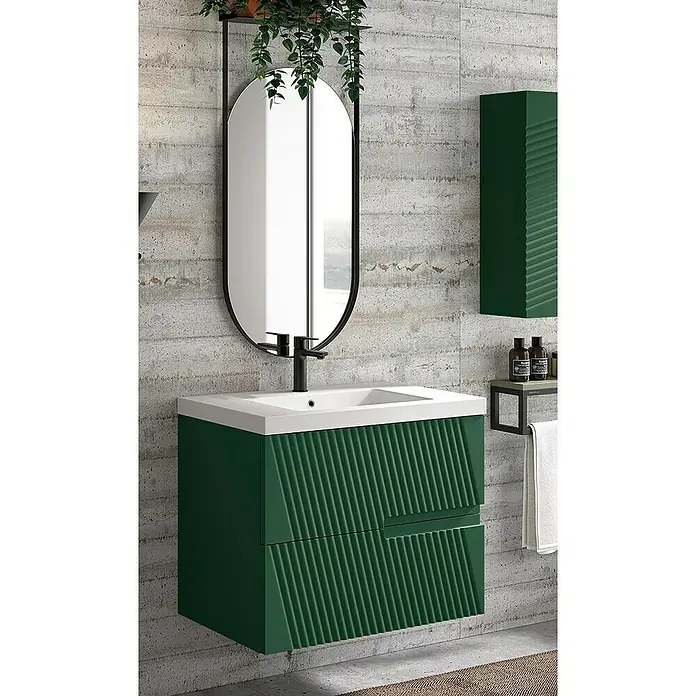 Duplach Mueble bajo de lavabo Saser - L x An x Al: 45 x 60 x 60 cm, Oliva - Tocador de baño con armario verde estriado y espejo ovalado.