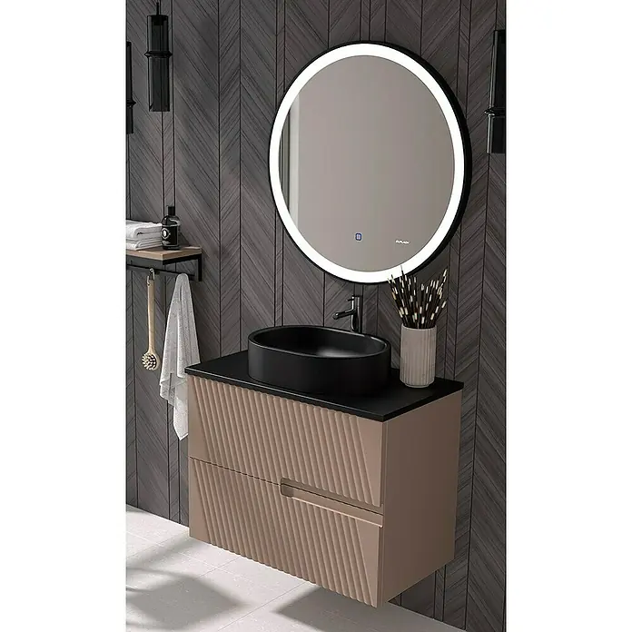 Duplach Mueble bajo de lavabo Saser - L x An x Al: 45 x 60 x 60 cm, Moka - Elegante baño con un moderno mueble de lavabo beige, un lavabo negro sobre encimera y espejo redondo iluminado con LED.