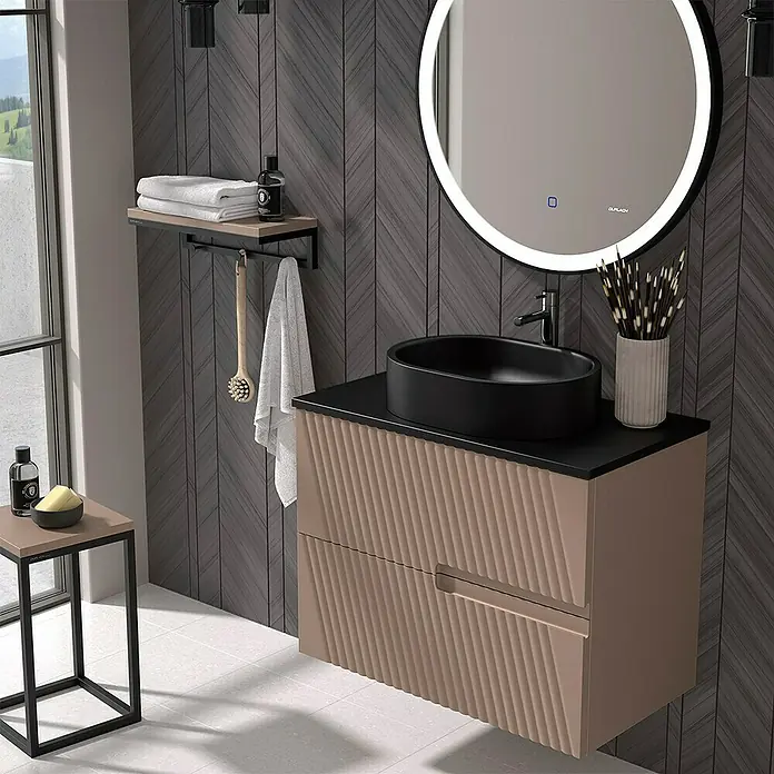 Duplach Mueble bajo de lavabo Saser - L x An x Al: 45 x 60 x 60 cm, Moka - Lavabo de baño moderno con un diseño llamativo y espejo a juego, presentado con estilo sobre un suelo blanco.
