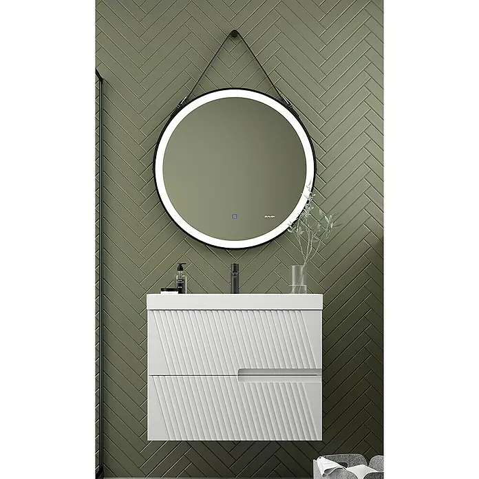 Duplach Mueble bajo de lavabo Saser - L x An x Al: 45 x 60 x 60 cm, Blanco - Interior moderno de baño con un elegante espejo redondo iluminado y un gabinete de lavabo blanco.