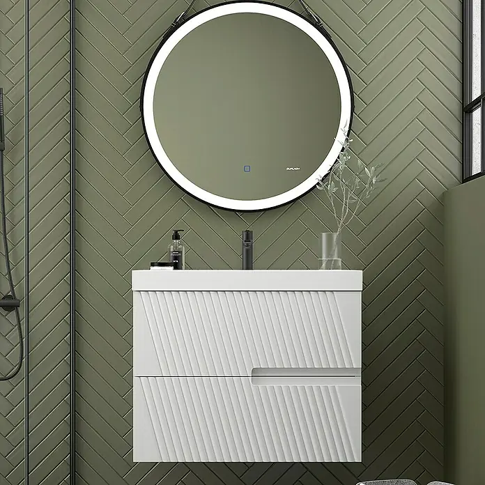 Duplach Mueble bajo de lavabo Saser - L x An x Al: 45 x 60 x 60 cm, Blanco - Un interior de baño moderno con un elegante mueble de tocador blanco combinado con un espejo redondo con iluminación LED.