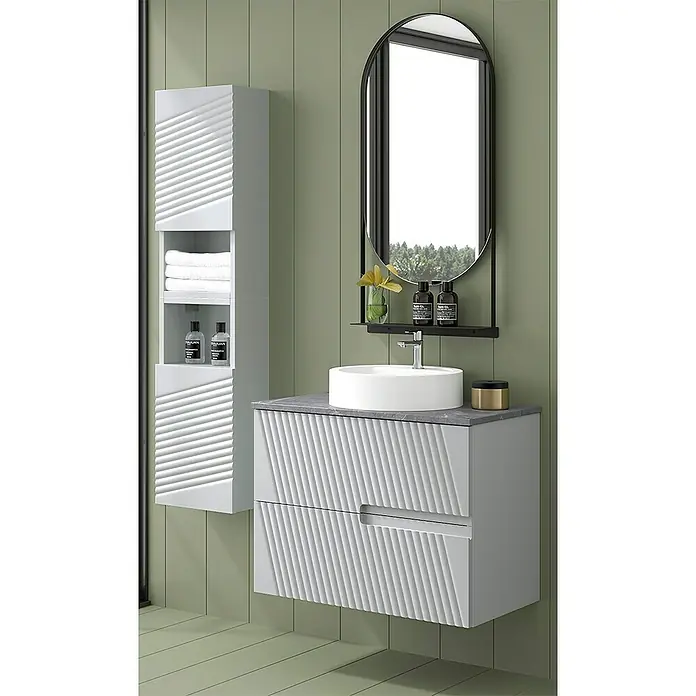 Duplach Mueble bajo de lavabo Saser - L x An x Al: 45 x 100 x 60 cm, Gris - Baño con tocador blanco, espejo y armario de pared con un llamativo diseño acanalado para una elegancia moderna.