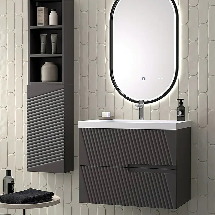 Duplach Mueble bajo de lavabo Saser - L x An x Al: 45 x 80 x 60 cm, Antracita - Elegante conjunto de baño con mueble de lavabo, espejo y columna en gris, combinando diseño y funcionalidad.