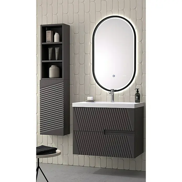 Duplach Mueble bajo de lavabo Saser - L x An x Al: 45 x 80 x 60 cm, Antracita - Elegante conjunto de baño con un mueble de lavabo antracita y un espejo con armario, acentuado por un diseño de espejo ovalado iluminado con LED.