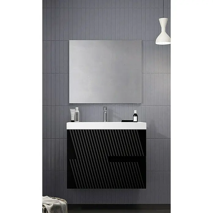 Duplach Mueble bajo de lavabo Saser - L x An x Al: 45 x 60 x 60 cm, Negro - Mueble de baño con encimera blanca y mueble negro con un diseño moderno.