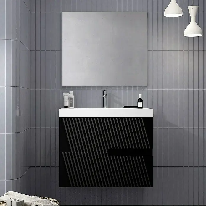 Duplach Mueble bajo de lavabo Saser - L x An x Al: 45 x 60 x 60 cm, Negro - Mueble de baño con diseño moderno e instalación de pared, con espejo y lámparas colgantes elegantes.