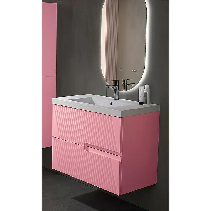 Duplach Mueble bajo de lavabo Saser - L x An x Al: 45 x 60 x 60 cm, Rosa - Moderno baño con mueble de lavabo rosa con cajones acanalados y espejo iluminado.