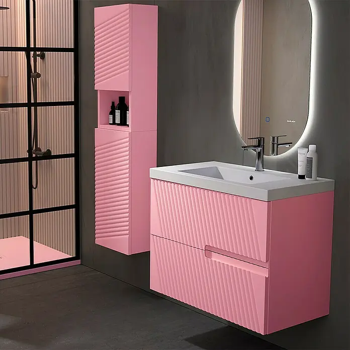 Duplach Mueble bajo de lavabo Saser - L x An x Al: 45 x 60 x 60 cm, Rosa - Elegante conjunto de baño en rosa con mueble de lavabo y armario alto con ranuras para un ambiente moderno.