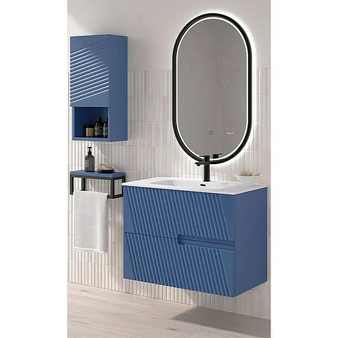 Duplach Mueble bajo de lavabo Saser - L x An x Al: 45 x 60 x 60 cm, Oceano - Elegante conjunto de baño azul con mueble de lavabo, armario con espejo y toallero. Diseño moderno con frentes acanalados.
