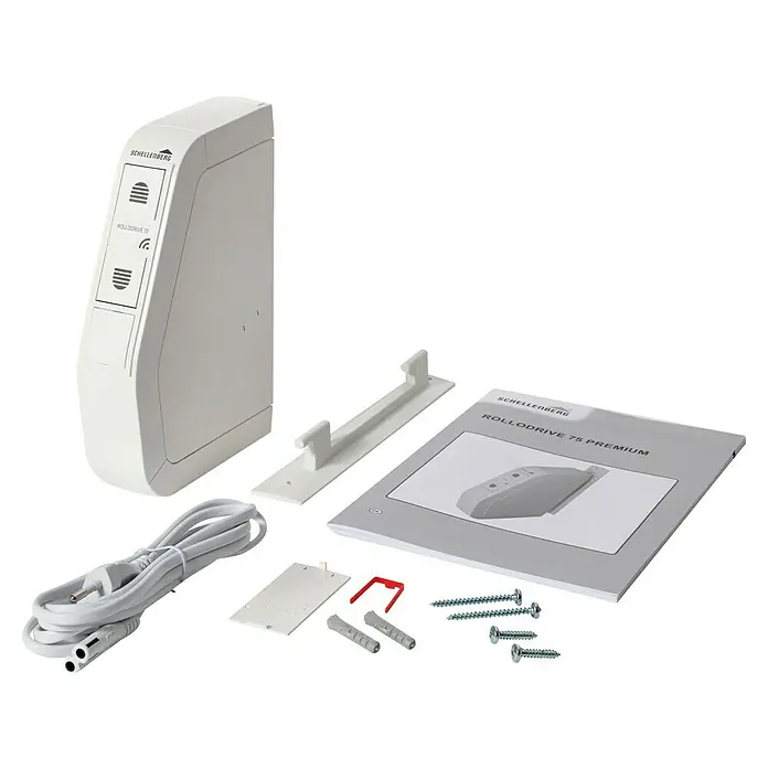 Schellenberg Funk-Rollladen-Gurtwickler Rollo Drive 75 Premium - L x B x H: 155 x 37 x 199 mm, Gurtbreite: 14 mm - 15 mm, Zugkraft: 30 kg, Unterstützte Systeme: Schellenberg Smart Home System - Produktabbildung des Schellenberg RolloDrive 75 Premium, ein elektronischer Gurtwickler mit Zubehör für die Rollladensteuerung.