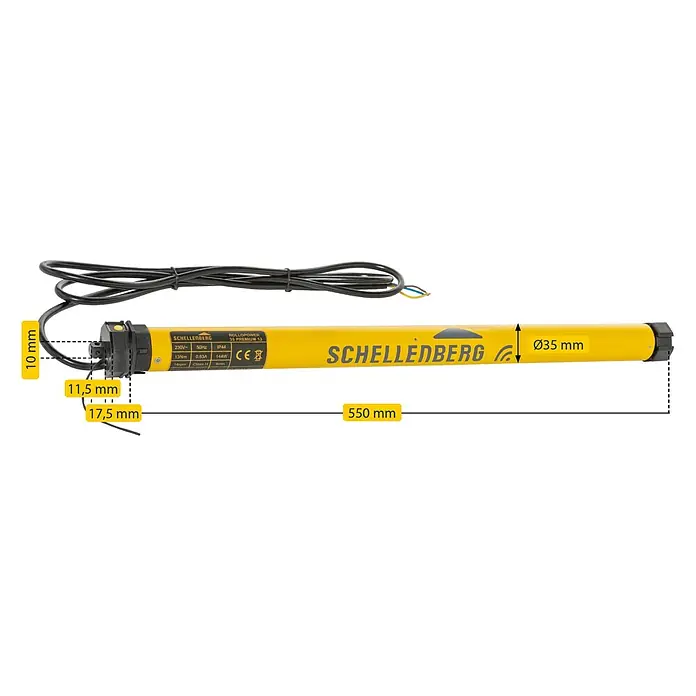 Schellenberg Funk-Rohrmotor Premium 10 Maxi - Max. Rollladenfläche: 4,2 m² bei Kunststoffrollläden, Einbaulänge: 555 mm, Zugkraft: 20 kg - Abbildung eines Schellenberg Rollopower 35 Premium 13 Rohrmotors mit den Abmessungen 10 mm, 11,5 mm, 17,5 mm, Ø35 mm und 550 mm.