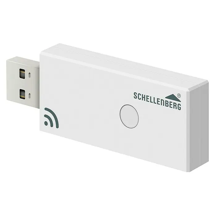 Schellenberg Smart Home Funksender Funk-Stick - Weiß, Reichweite ca.: 20 m - 100 m - Nahaufnahme eines Schellenberg Smart Home USB-Sticks mit WiFi-Symbol für die Hausautomation.