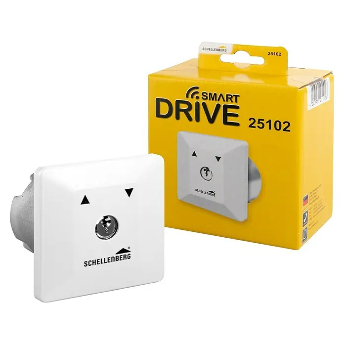 Schellenberg Schlüsselschalter - Passend für: Schellenberg Garagen- und Außentorantriebe, Unterputzmontage - Schellenberg Smart Drive 25102 Garagentoröffner und das dazugehörige gelbe Verpackungsbox.